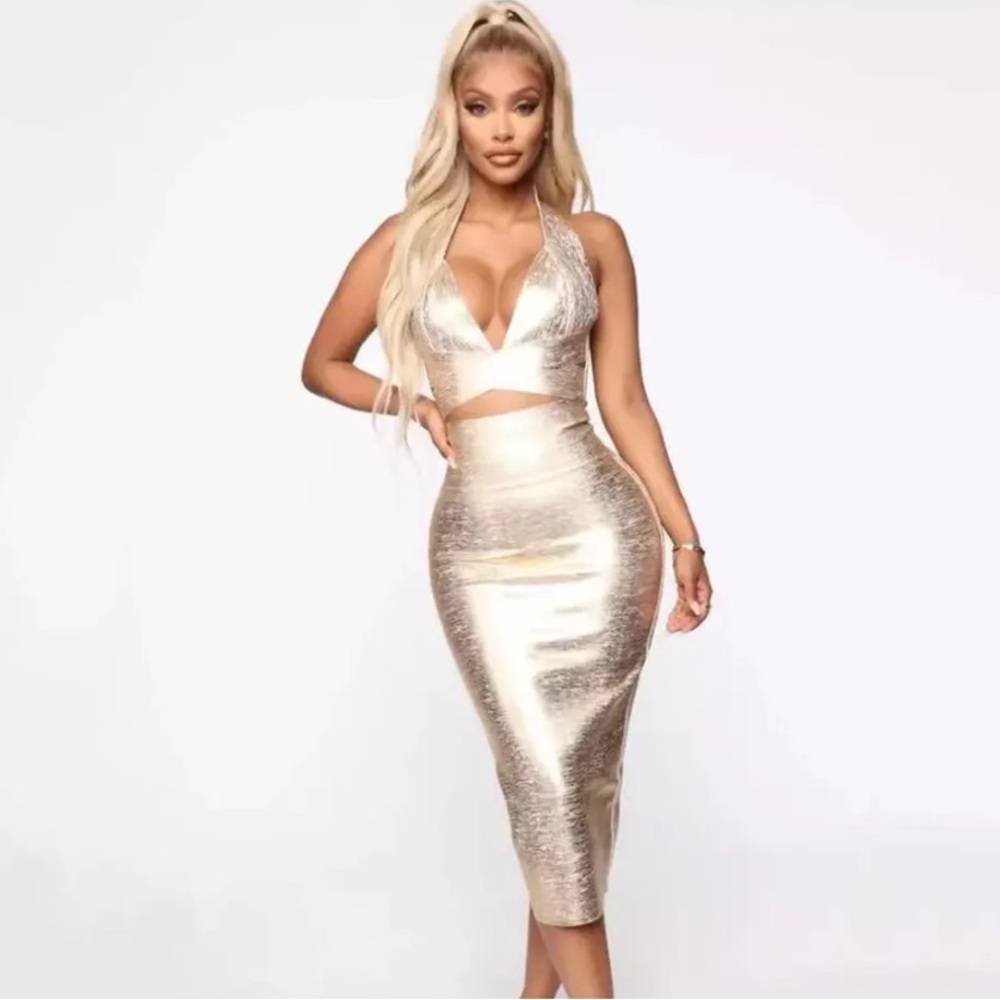 Bella Barnett Gold Two Piece Bodycon Set Halter Top & Midi Skirt Medium NWTS - Picture 2 of 12